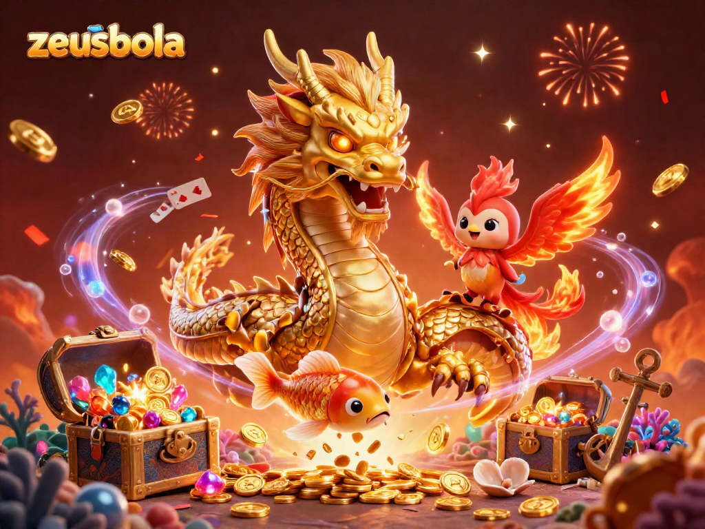 Engage with zeusbola as the golden dragon and flaming phoenix celebrate wins amidst a treasure-filled adventure.