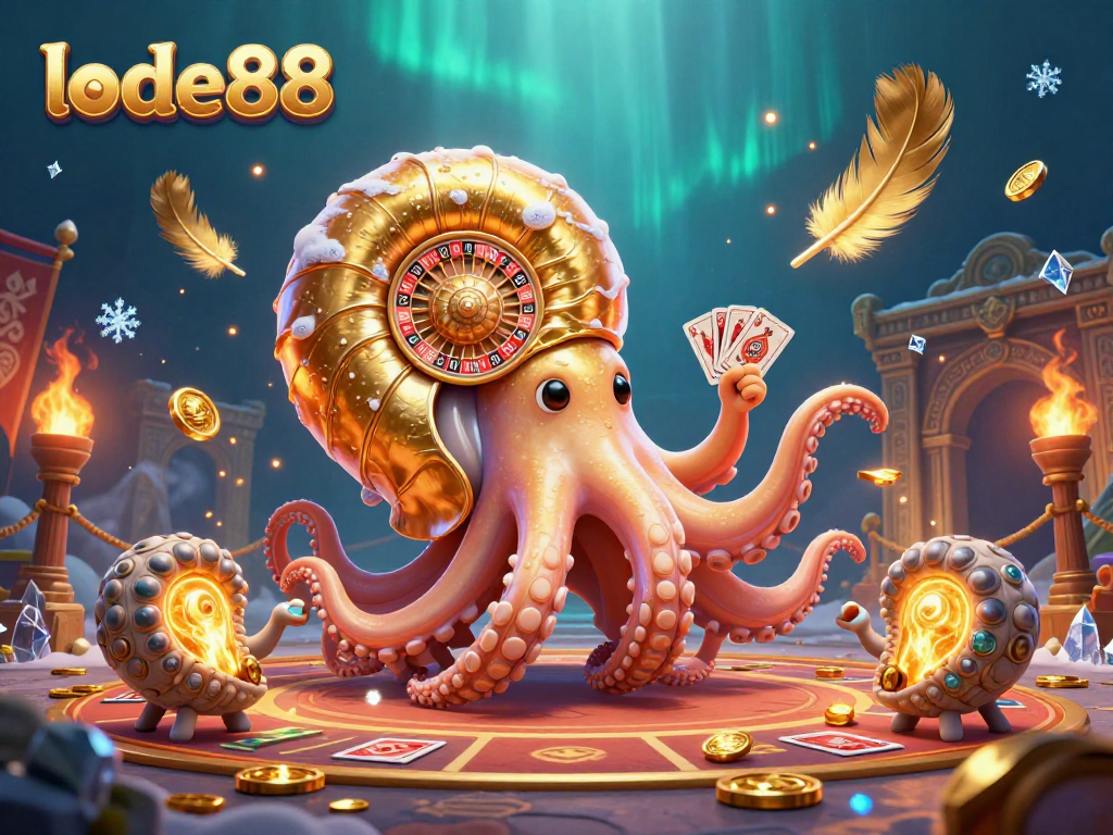 Engage with lode88's vibrant casino scene featuring an ancient nautilus roulette and glowing ammonite companions.