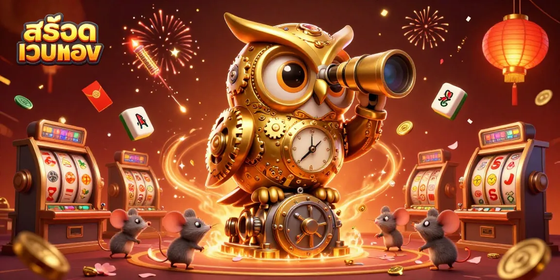 Engage with สล็อตเว็บตรง as a golden owl oversees a vibrant casino floor bustling with animated characters and stunning decorations.