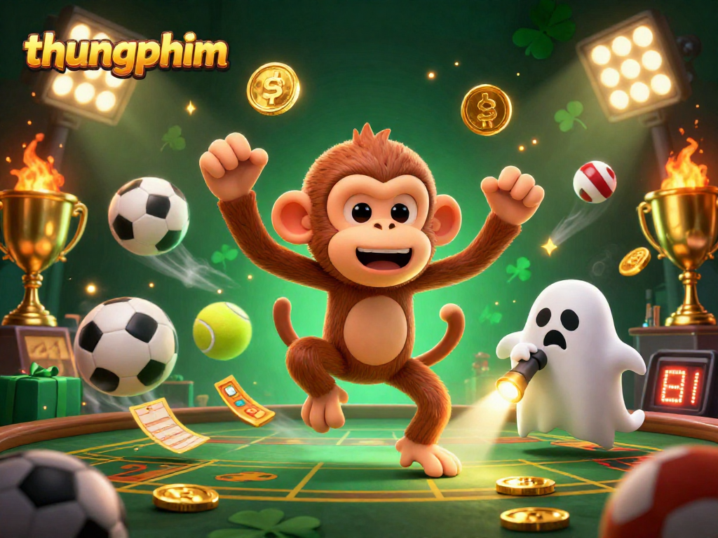 thungphim showcases a mischievous ghost monkey juggling gold coins and sports balls in a haunted casino.