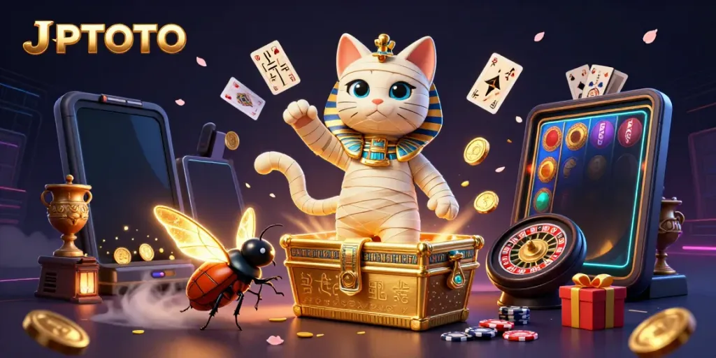 JPTOTO menampilkan kucing mumi dan scarab di kasino piramida, simbol keberuntungan.