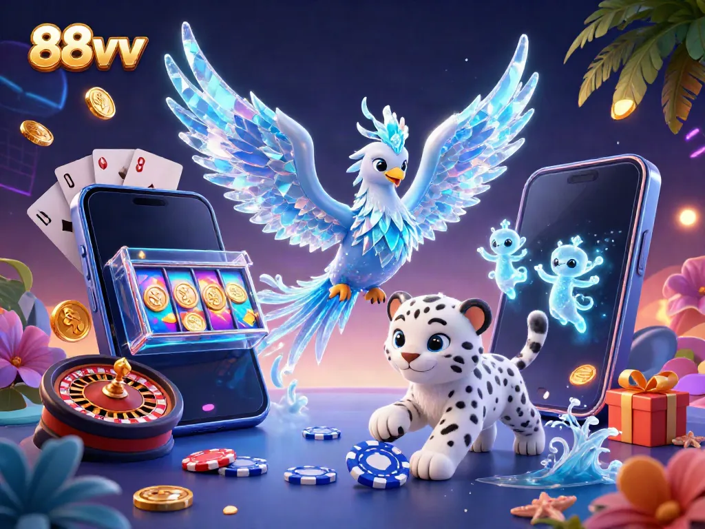 Experience thrilling wins with 88vv in a colorful 3D illustration showcasing dynamic casino action.