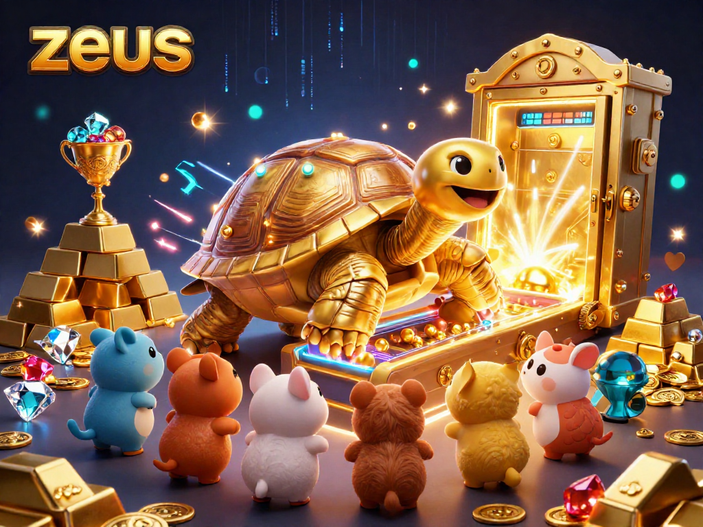 Experience the thrill with zeus in a dynamic casino scene featuring treasure and game elements.