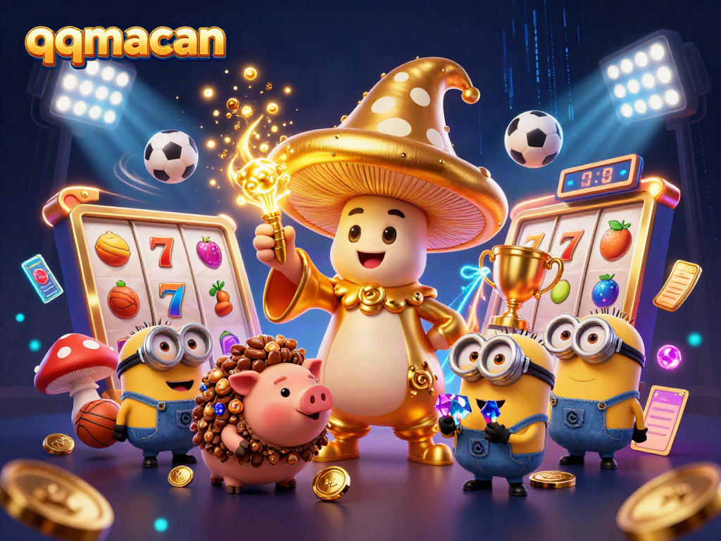 Experience thrilling gaming action with qqmacan's enchanting golden mushroom wizard and lively casino elements.
