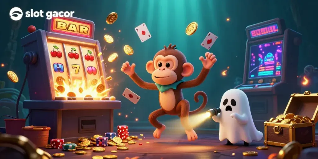 Experience the thrill of slot gacor with a playful poltergeist monkey and an eager ghost-hunter puppy in a vibrant casino.
