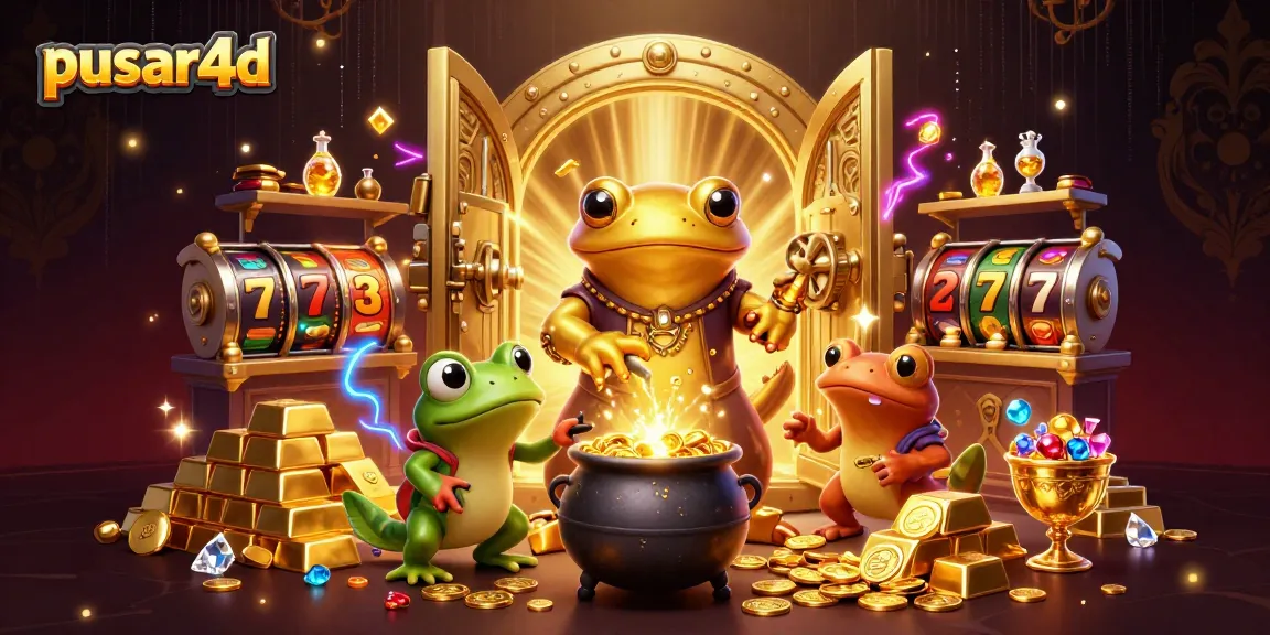 Menangkan permainan slot di pusar4d dengan gambar kartun alkemis dan harta berkilau.