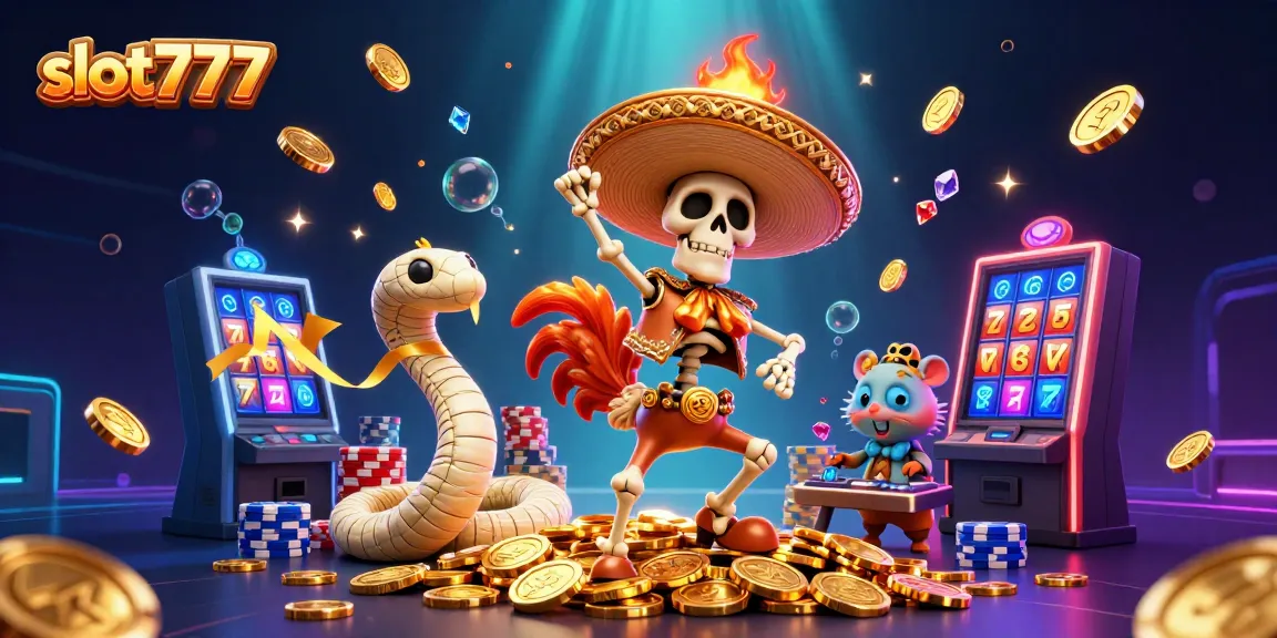 Slot777 menunjukkan skeleton mariachi dan karakter kasual lainnya merayakan kemenangan di tumpukan koin emas.