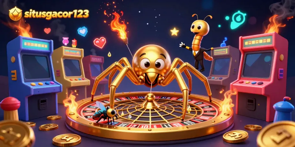 Engage with situsgacor123 as the golden spider spins a roulette wheel web in a dynamic gambling scene.