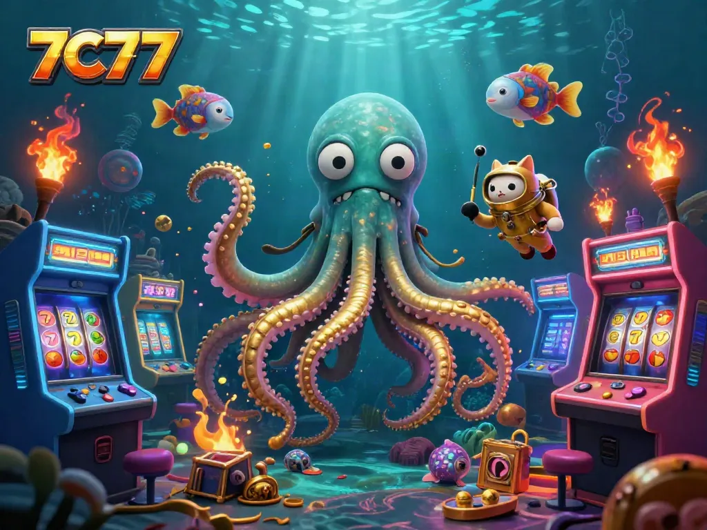 Engage with 7C77 immersive gaming scene featuring a colossal kraken, vintage diving cat, and slots.