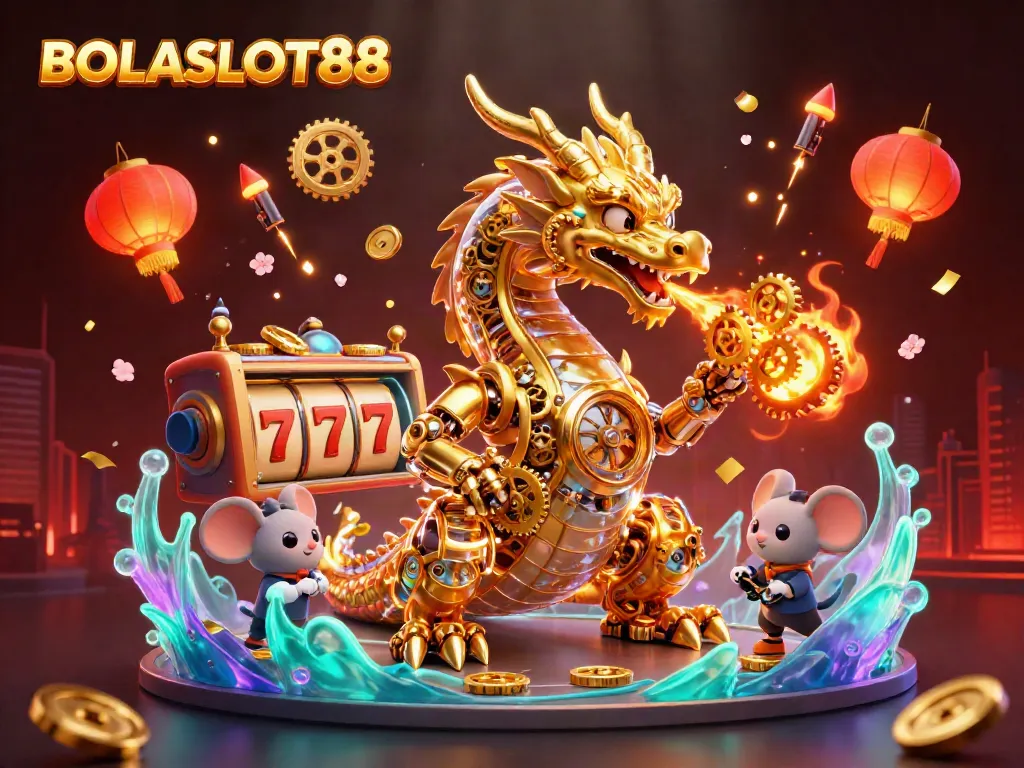 Engage with BOLASLOT88 through this vibrant 3D illustration showcasing a golden dragon and casino elements.