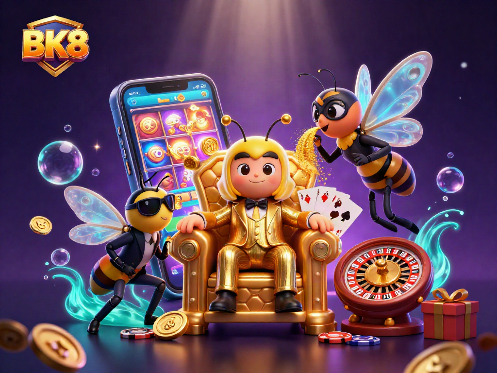 BK8 illustrates a buzzing casino world with a mob boss bee, vibrant slot games, and a dynamic atmosphere.