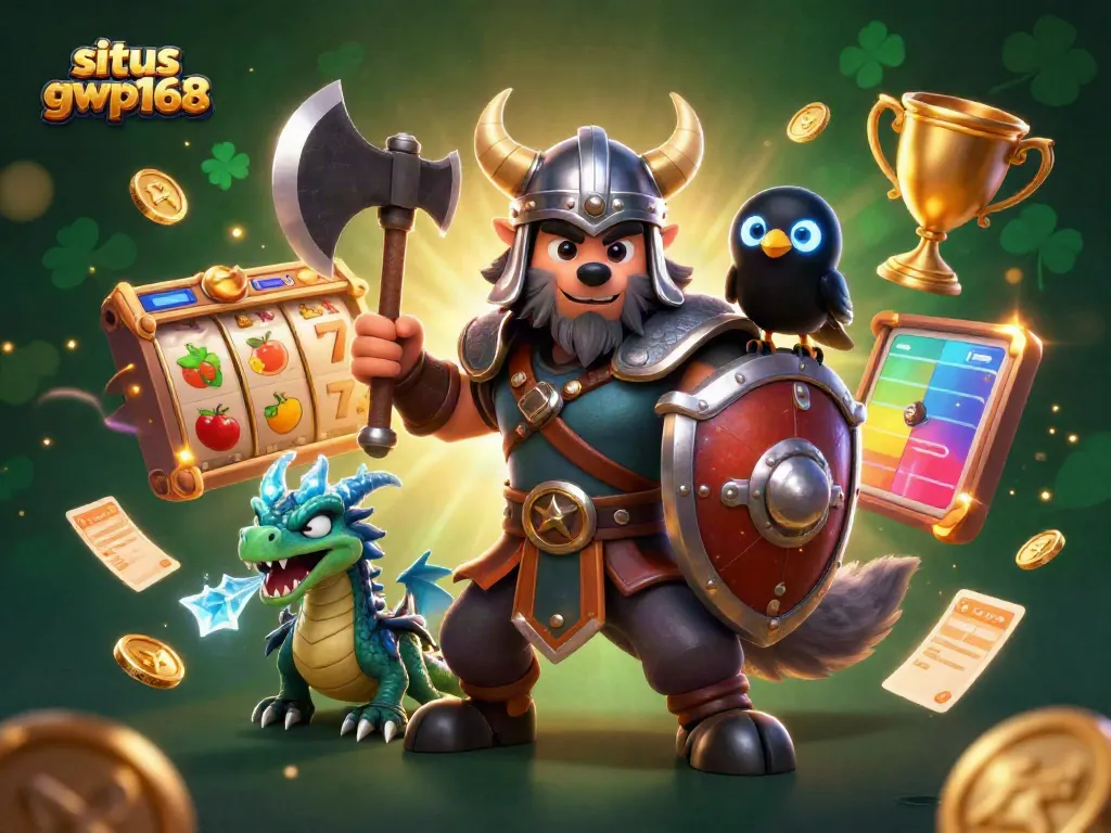 Permainan slot gacor di situs gwp168 bersama karakter Viking dan elemen kasino berkilauan.