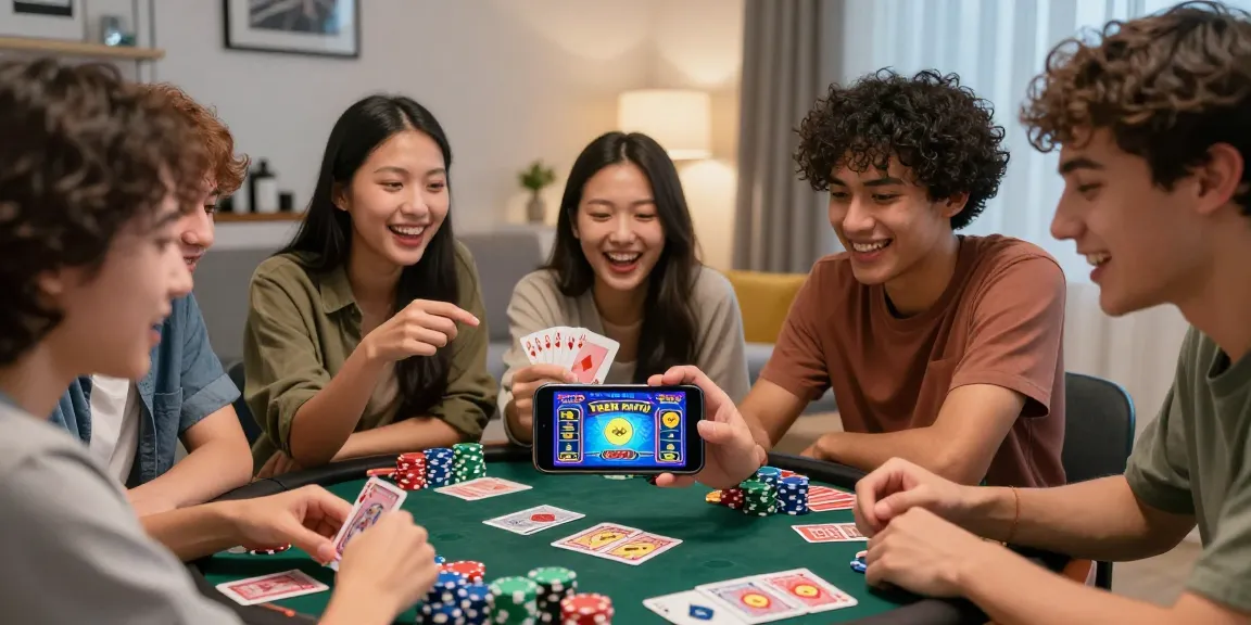 Excited friends install game on their smartphones while playing Teen Patti Vegas, showcasing a vibrant game night atmosphere.