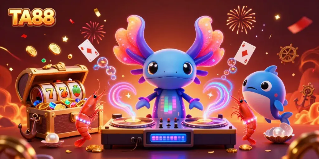 TA88 casino scene with a vibrant axolotl DJ, slot reels, and dancing shrimp.