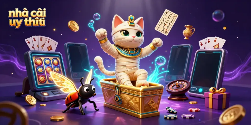 Nhà cái uy tín trong bối cảnh casino cổ đại với nhân vật mummy và bọ scarab.