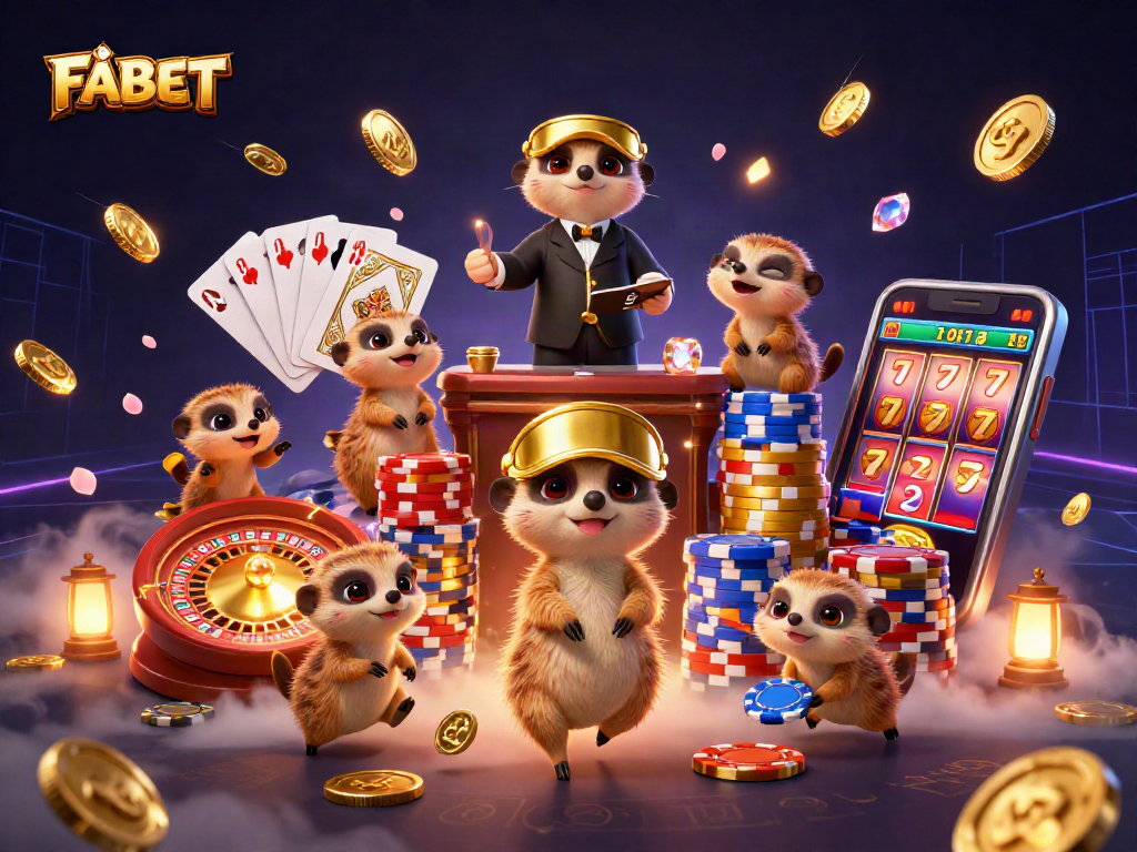 Join FABET's exciting casino adventure with dynamic meerkats managing games and prizes.