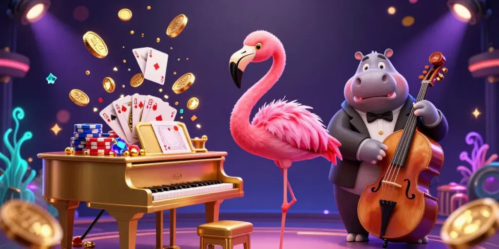 Bangsawan88’s vibrant casino scene showcases a flamingo singer and hippo bassist amid sparkling coins and rich poker elements.
