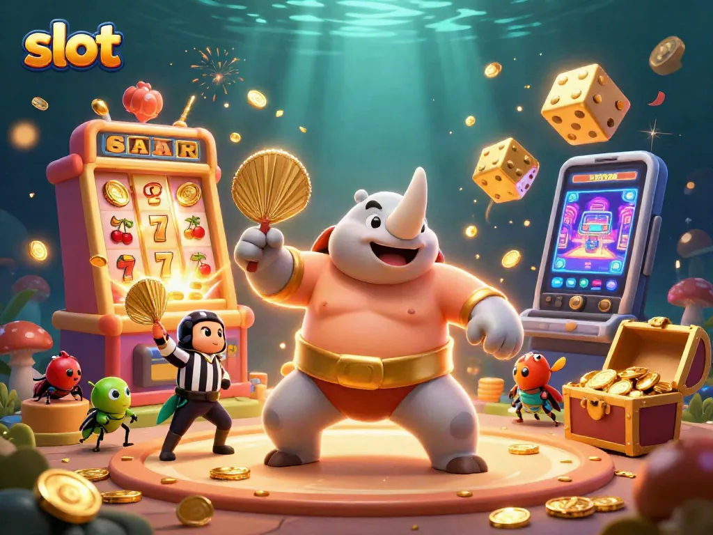 Experience thrilling slot action with the rhinoceros beetle champion amidst a jackpot explosion.