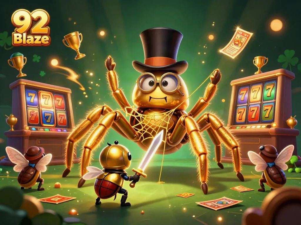 Engage with the vibrant 92 Blaze gaming universe featuring a golden tarantula and beetle knight amid thrilling slot action.