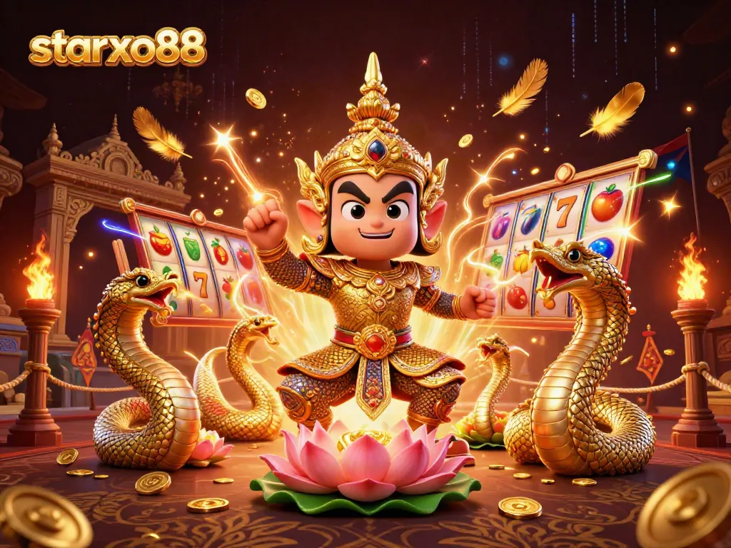 Experience the excitement of starxo88 with a dynamic illustration showing a guardian and slot reels.