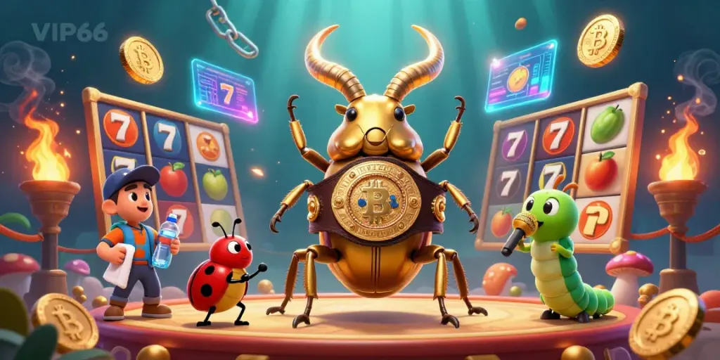 Engage with VIP66 in an exciting 3D illustration featuring a giant golden stag beetle in a boxing match atmosphere.