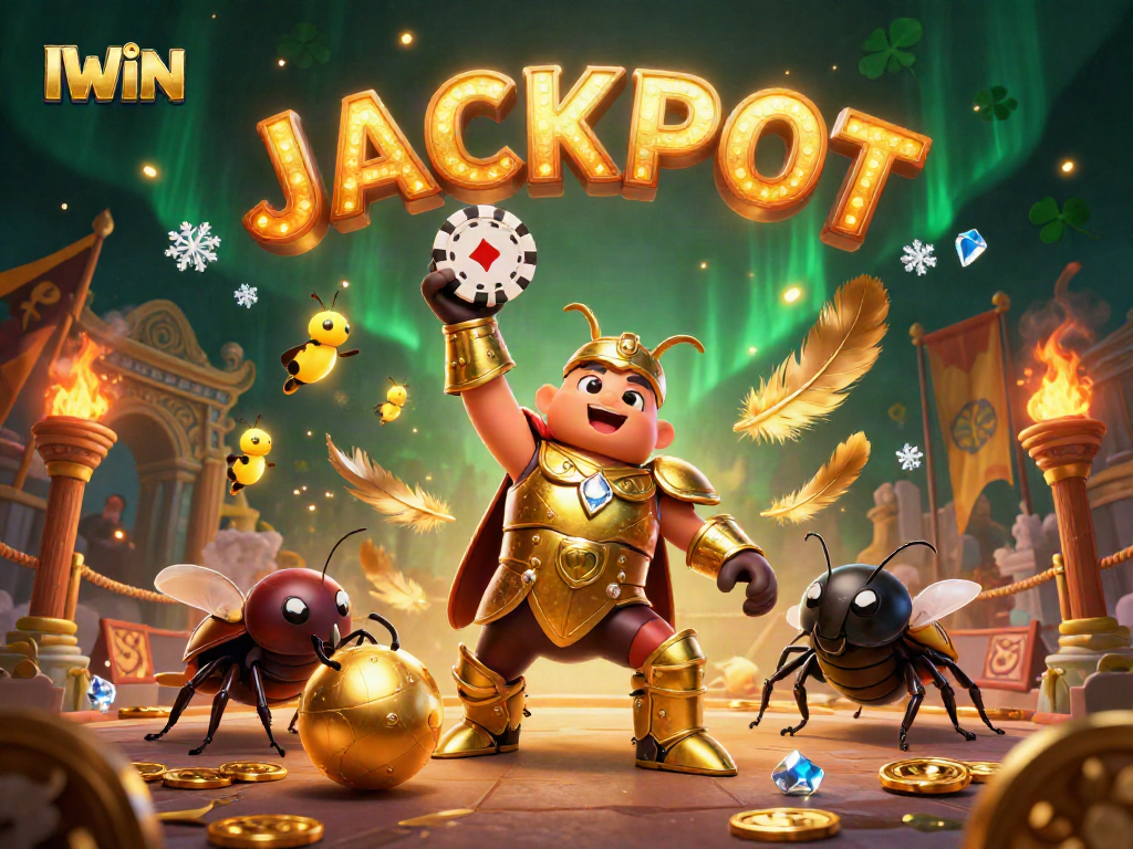 Celebrate winning moments with IWIN as cartoon beetles lift chips amidst casino-themed excitement.
