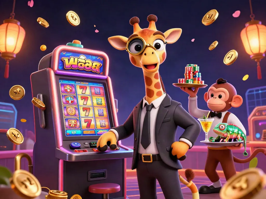 Experience thrilling สล็อตออนไลน์ action with a vibrant illustration showcasing a high-roller giraffe at a slot machine amidst cascading coins and lucky symbols.