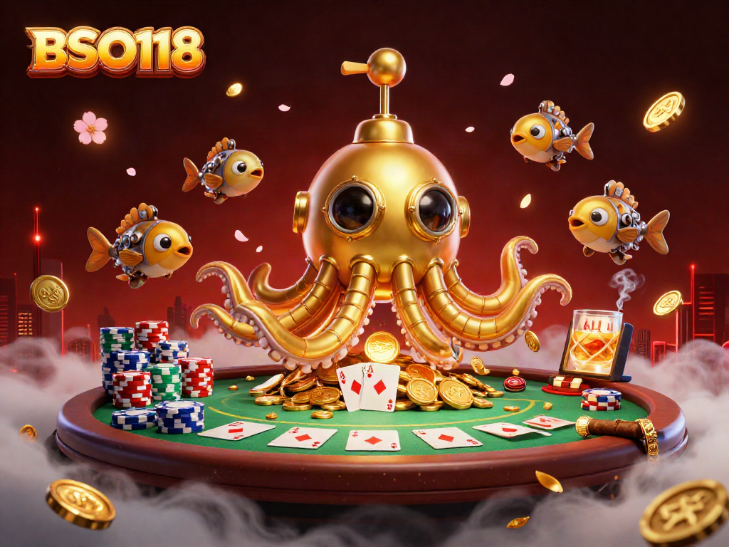 BSO118 engages players in an exciting poker scene with a golden kraken submarine and mechanical fish.