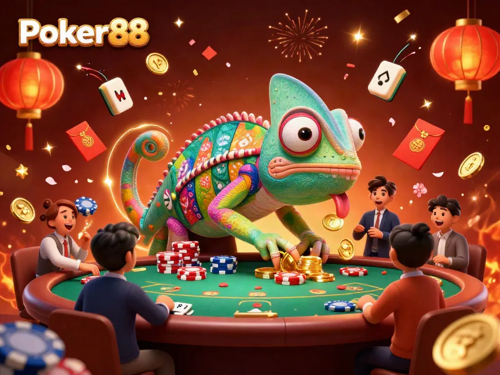 Experience thrilling gameplay at Poker88 with a colorful chameleon casino owner and pulsating poker action.