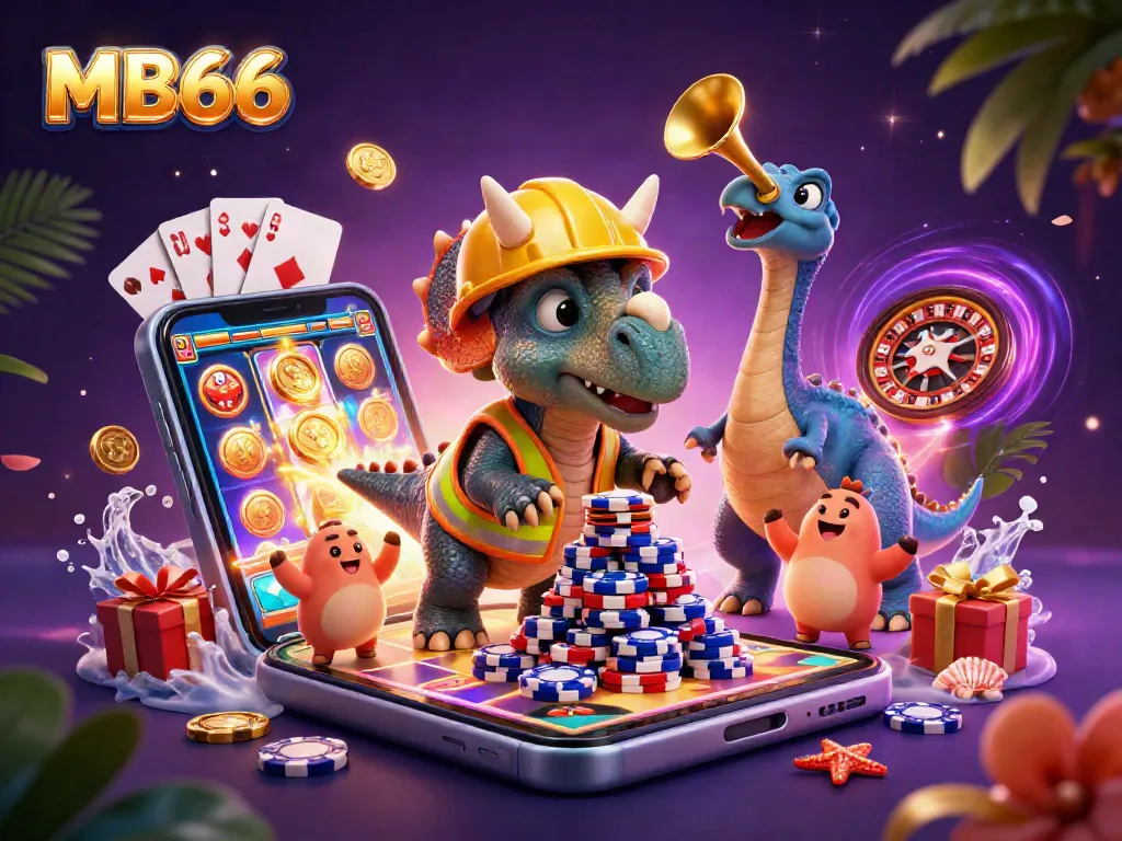 Engage with MB66 as a lively triceratops builds poker chip pyramid amidst celebratory creatures in a dynamic casino scene.