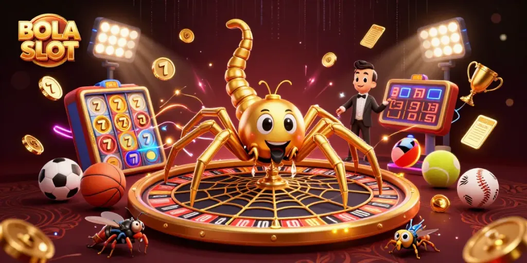BOLA SLOT showcases a thrilling 3D scene with a golden spider and croupier, perfect for gambling excitement.