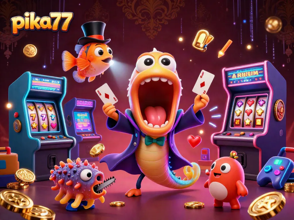 Play thrilling casino games at pika77, featuring colorful slot machines and fun gaming characters.
