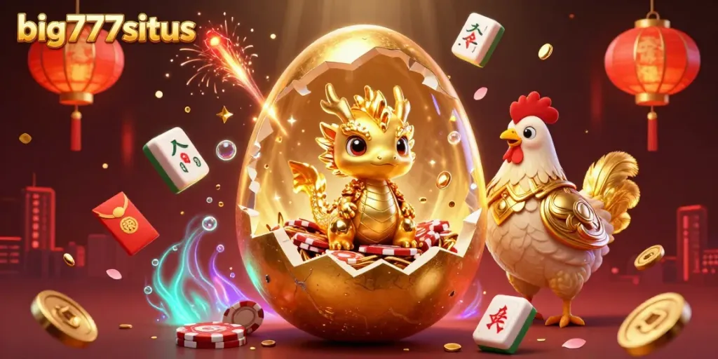 Experience the thrill of big777situs with a 3D illustration of a golden dragon surrounded by vibrant casino elements.