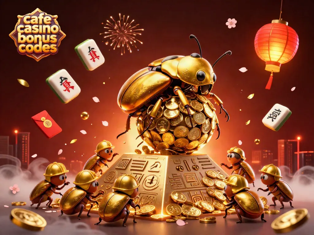 Cafe Casino bonus codes illustrated with golden beetles, coins, lanterns, and dynamic gambling elements.