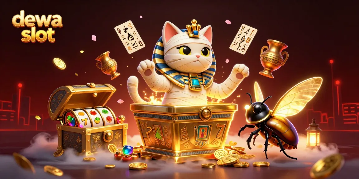 Engage with the dewa slot universe featuring golden sarcophagus, glowing scarab, and casino symbols.