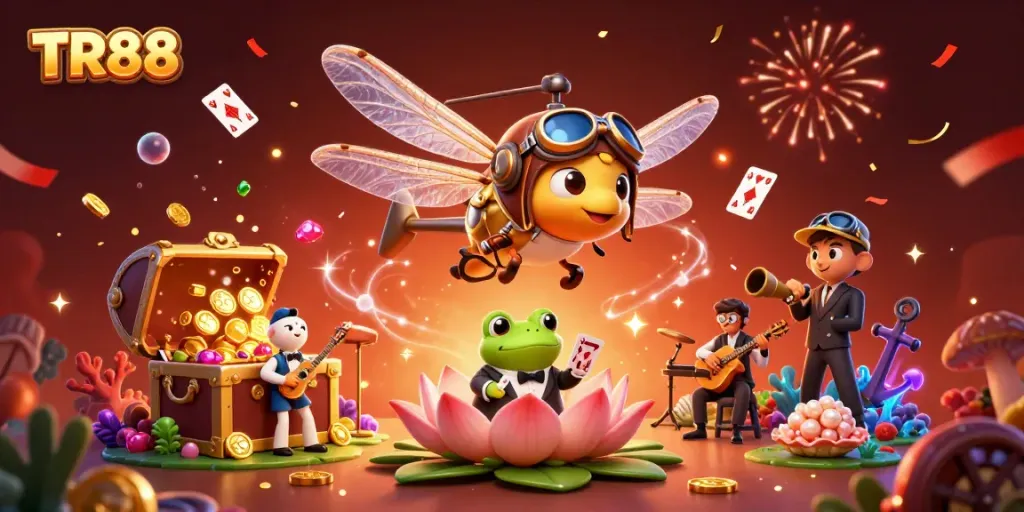 Experience TR88's vibrant casino world with a dragonfly pilot and frog croupier in 3D illustration.