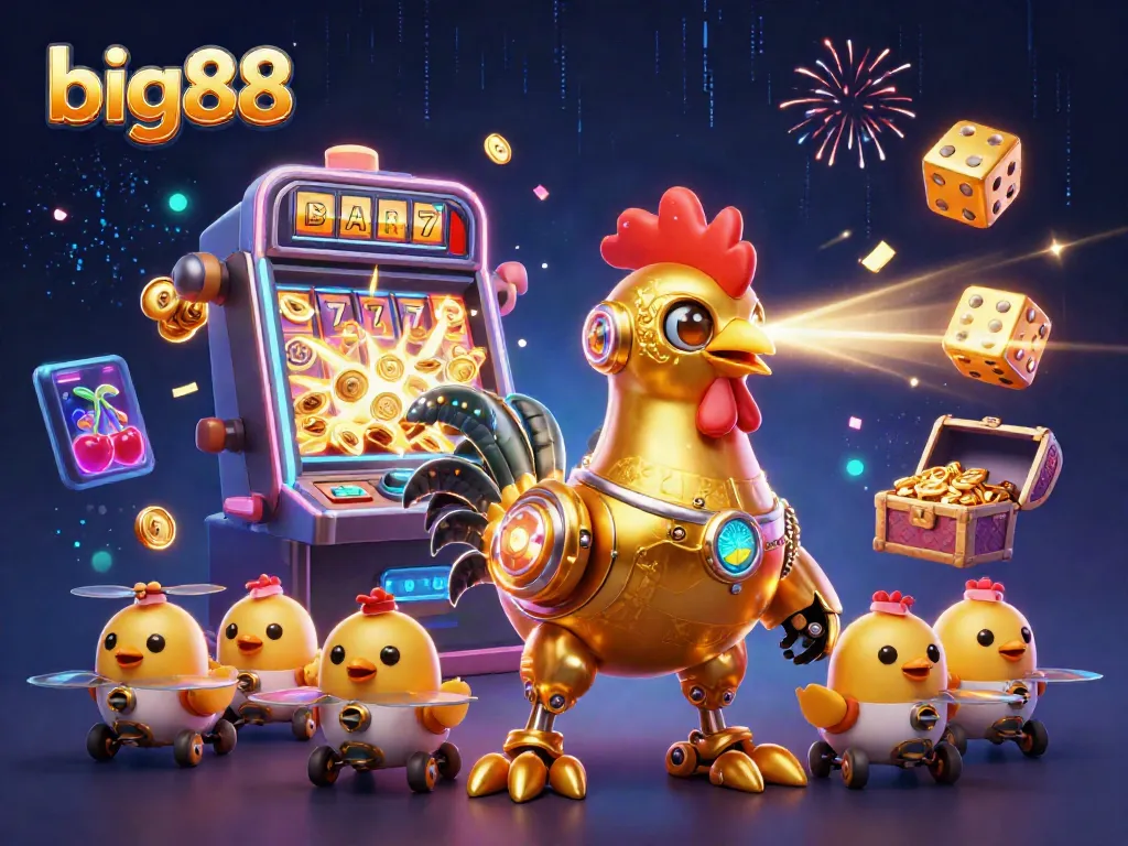 Experience big88's exciting gaming atmosphere with a golden rooster robot and vibrant casino elements.