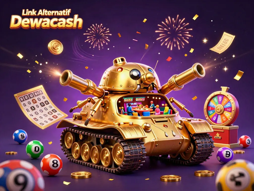 Engage with the dynamic casino world of Link Alternatif Dewacash featuring a golden beetle tank with a miniature casino inside, colorful lottery elements, confetti, and festive effects.