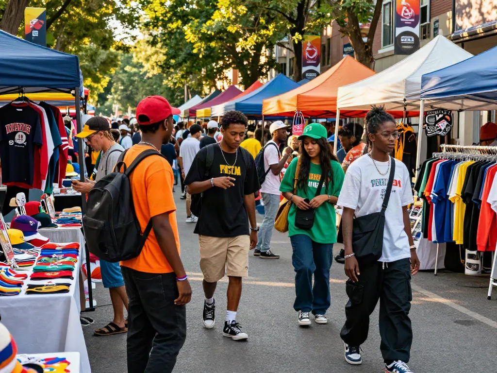 Dynamic street market scene featuring peh888-inspired fashion trends and urban youth culture.
