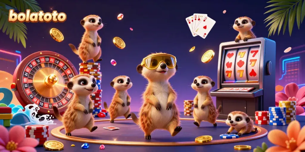 Experience the excitement at bolatoto with meerkats running a bustling casino amid flying coins and vibrant visuals.