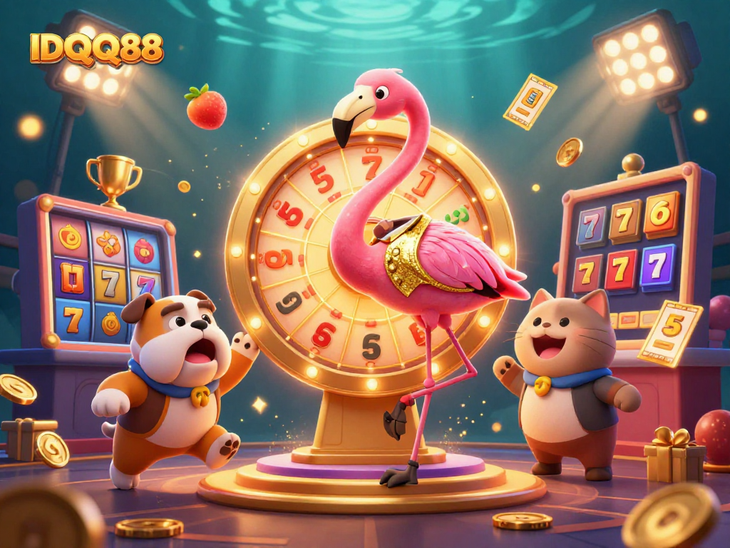 Spin the IDQQ88 golden prize wheel surrounded by animated slot elements for jackpot excitement.