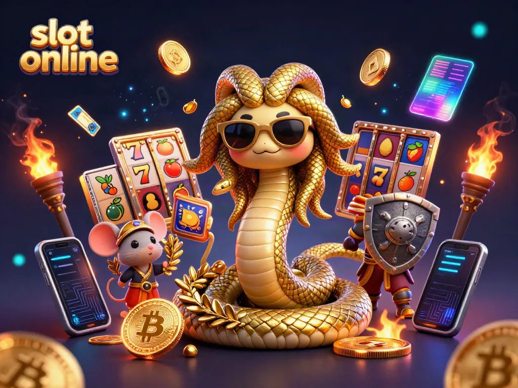 Slot online menampilkan ilustrasi 3D Medusa ramah dan mouse prajurit di tengah elemen permainan slot.