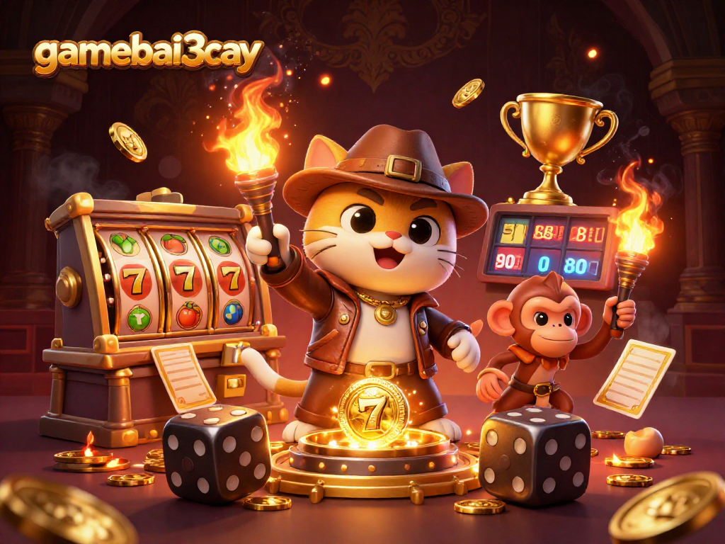 Engage with gamebai3cay in a vibrant 3D casino scene featuring a cat archaeologist discovering treasures.