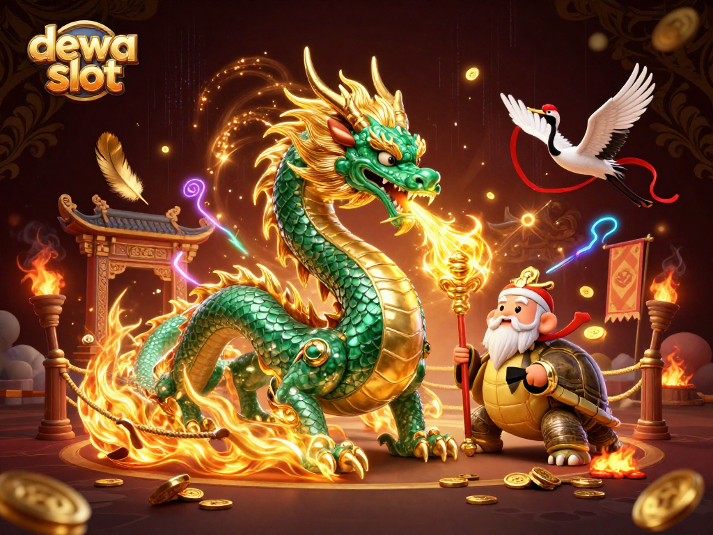 Engage in thrilling moments with dewa slot featuring a massive emerald dragon, turtle sage, and lucky cranes.