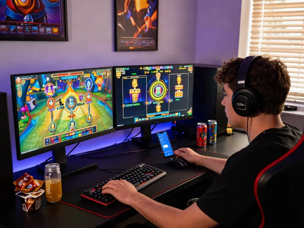 Player enjoying slot online games on dual monitors in a vibrant gaming setup.