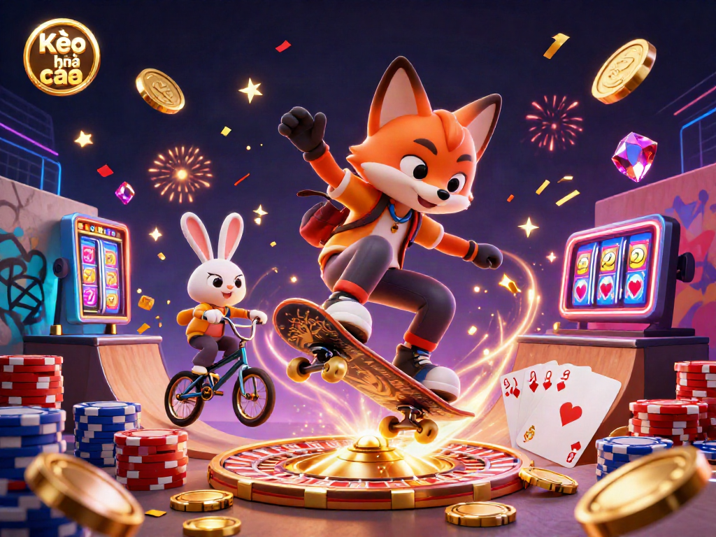 Kèo nhà cái showcases a skateboarder fox and rabbit in a vibrant casino scene featuring dynamic gambling elements.