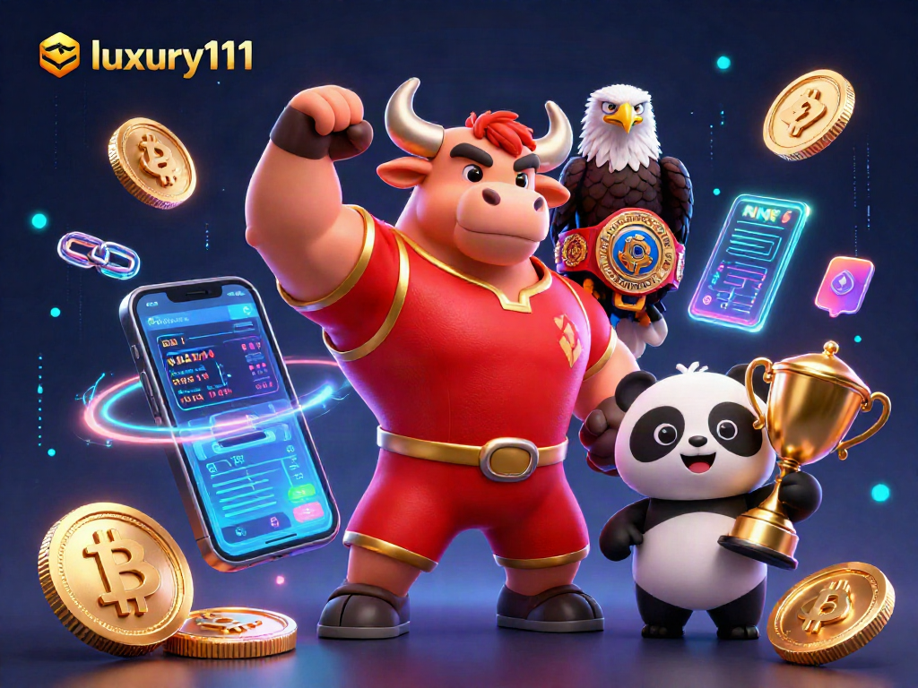 Elevate your gaming experience with luxury111, featuring cheerful gaming characters celebrating wins.