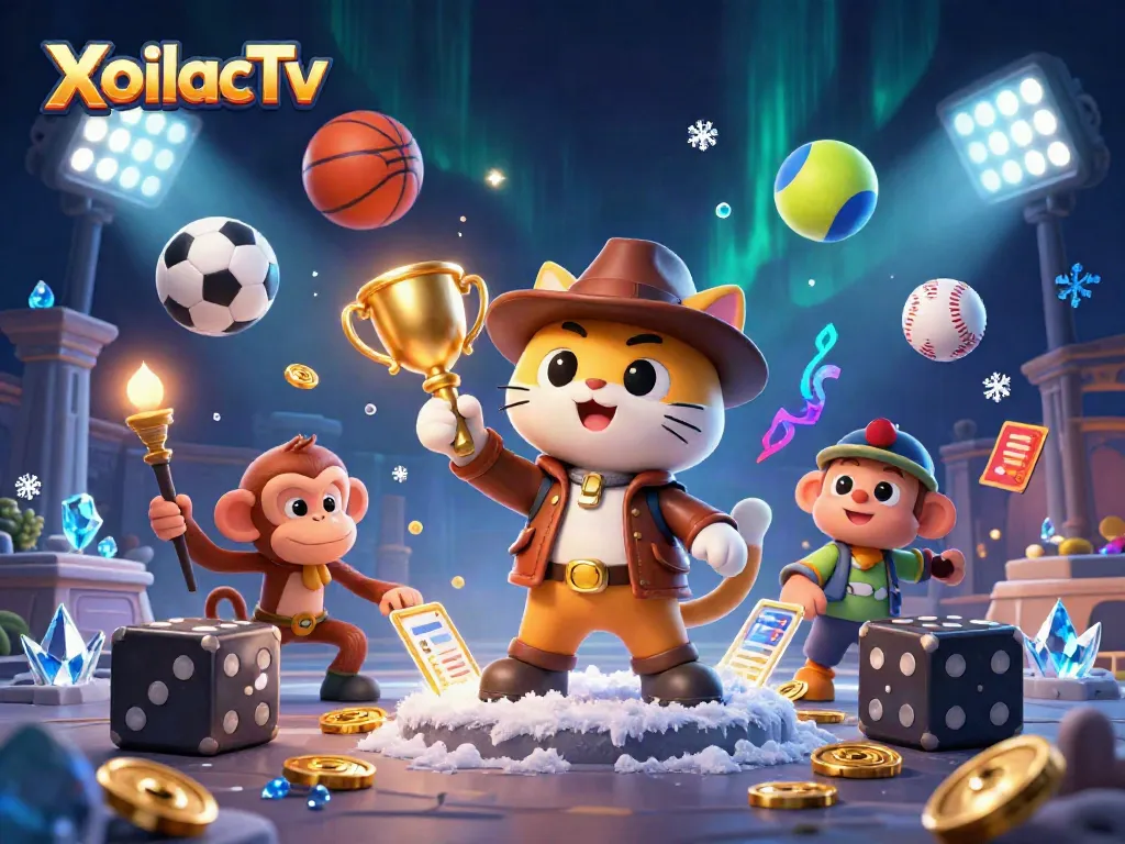 XoilacTv players experience gold casino artifacts amidst flying sports balls in a temple with vibrant lights.