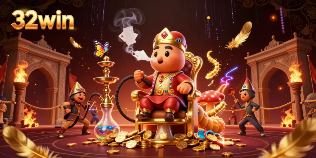 Engage with 32win's vibrant casino thrills featuring a hookah-master, gold coins, and gaming symbols.