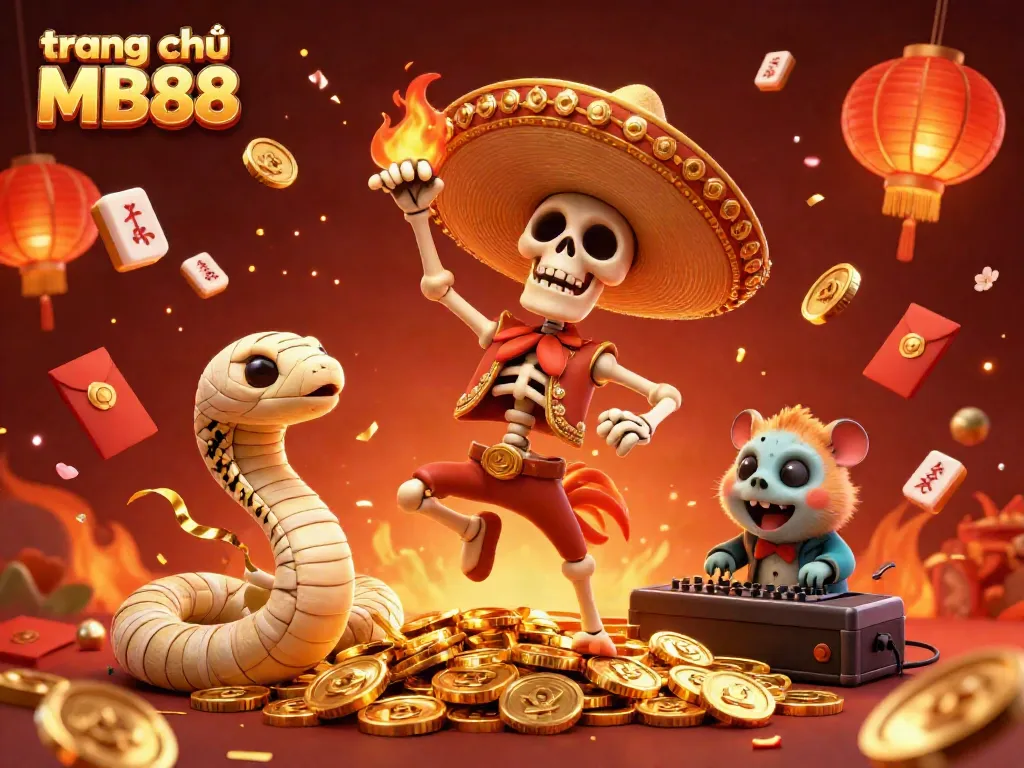 Experience vibrant gaming excitement at trang chủ MB88 with a dynamic scene of a mariachi rooster, mummy snake, and DJ hamster.